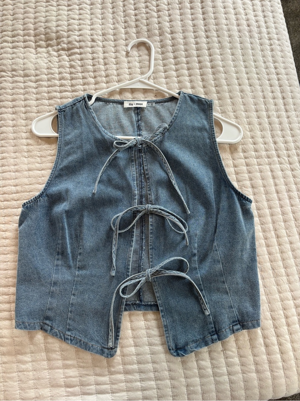 Day + Moon Blue Denim Tie-Front Crop Vest